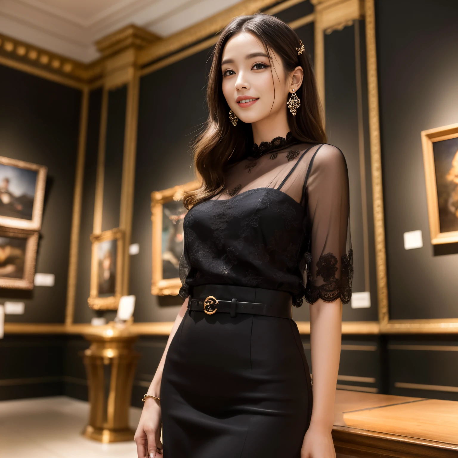 (top-quality、masutepiece、in 8K、Top image quality)、Beauty 1 person、accurate anatomy、take a photo of her upper body、cowboy  shot、woman looking at art、perfect works、Perfect makeup、Look at me and smile、The most luxurious and classy tops、The most luxurious and elegant long skirt、Clothes with a causal relationship、elegant and beautiful wavy hair、in one of europe&#39;best museums、number々exhibiting art works of、Detailed interior of a luxurious museum、It feels very luxurious、Very luxurious、solemnity、gotik、a gorgeous