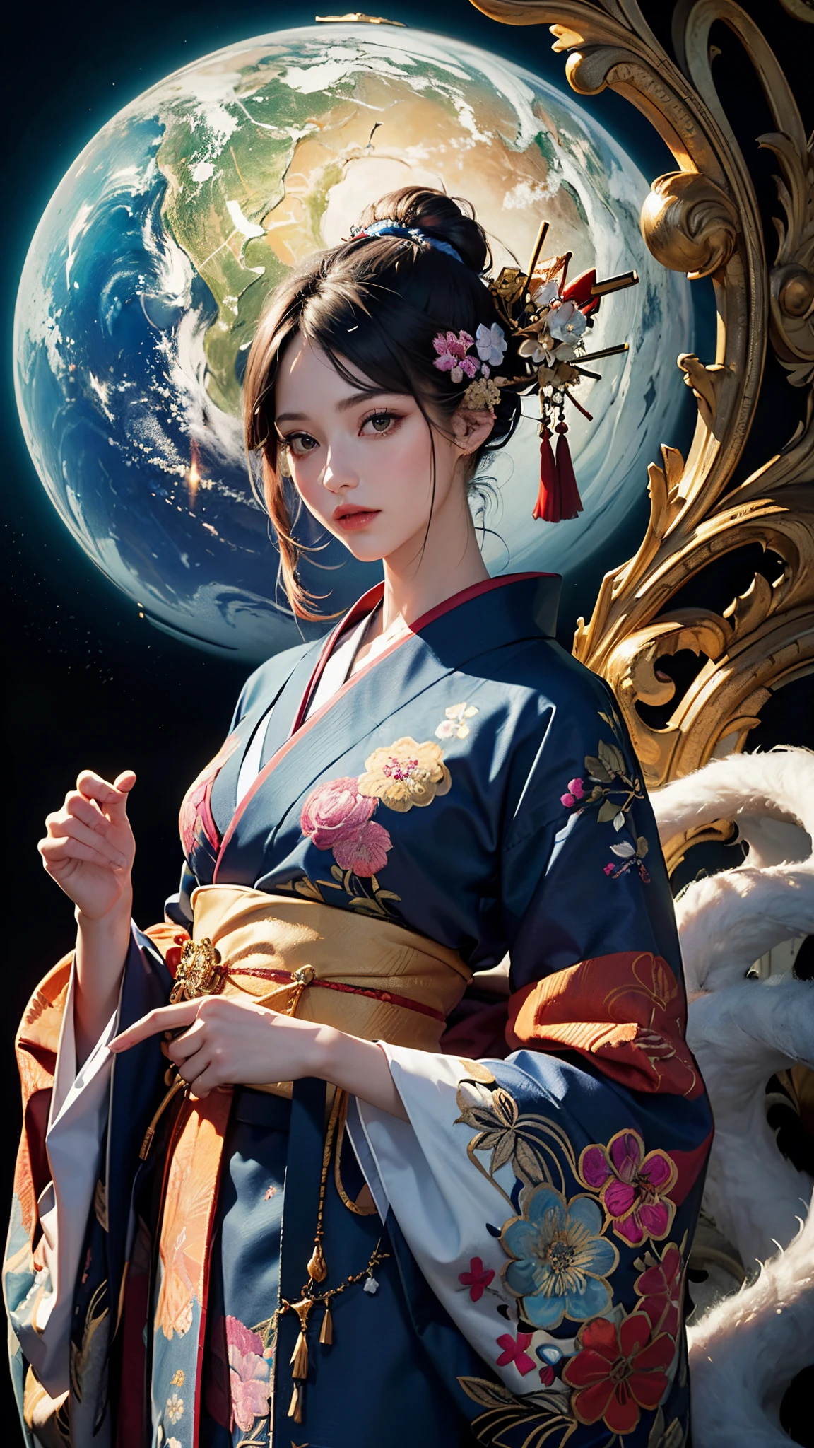 (masterpiece, top quality, best quality, official art, beautiful and aesthetic:1.2), (1girl),elaborate costume(Luxurious Japan kimono(Colorful kimono(detailed embroidery))), extreme detailed,(Fractal art),colorful,highest detailed,Mandala in the background