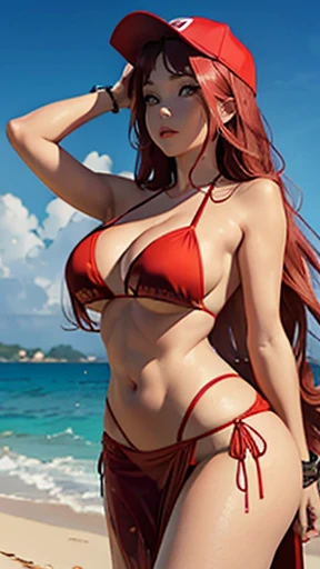 Gorgeous sexy woman at the beach with long flowing red hair, a bikini with a sarong, curvy body with wide hips, snug expression, athletic fit body, beautiful perfect European face, sunset in summer, bonfire, 8k masterpiece RAW photo, raytracing and incredible detail, thick ass, beautiful symmetrical eyes, baseball cap