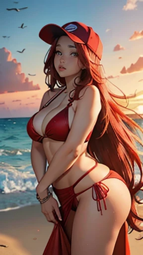 Gorgeous sexy woman at the beach with long flowing red hair, a bikini with a sarong, curvy body with wide hips, snug expression, athletic fit body, beautiful perfect European face, sunset in summer, bonfire, 8k masterpiece RAW photo, raytracing and incredible detail, thick ass, beautiful symmetrical eyes, baseball cap