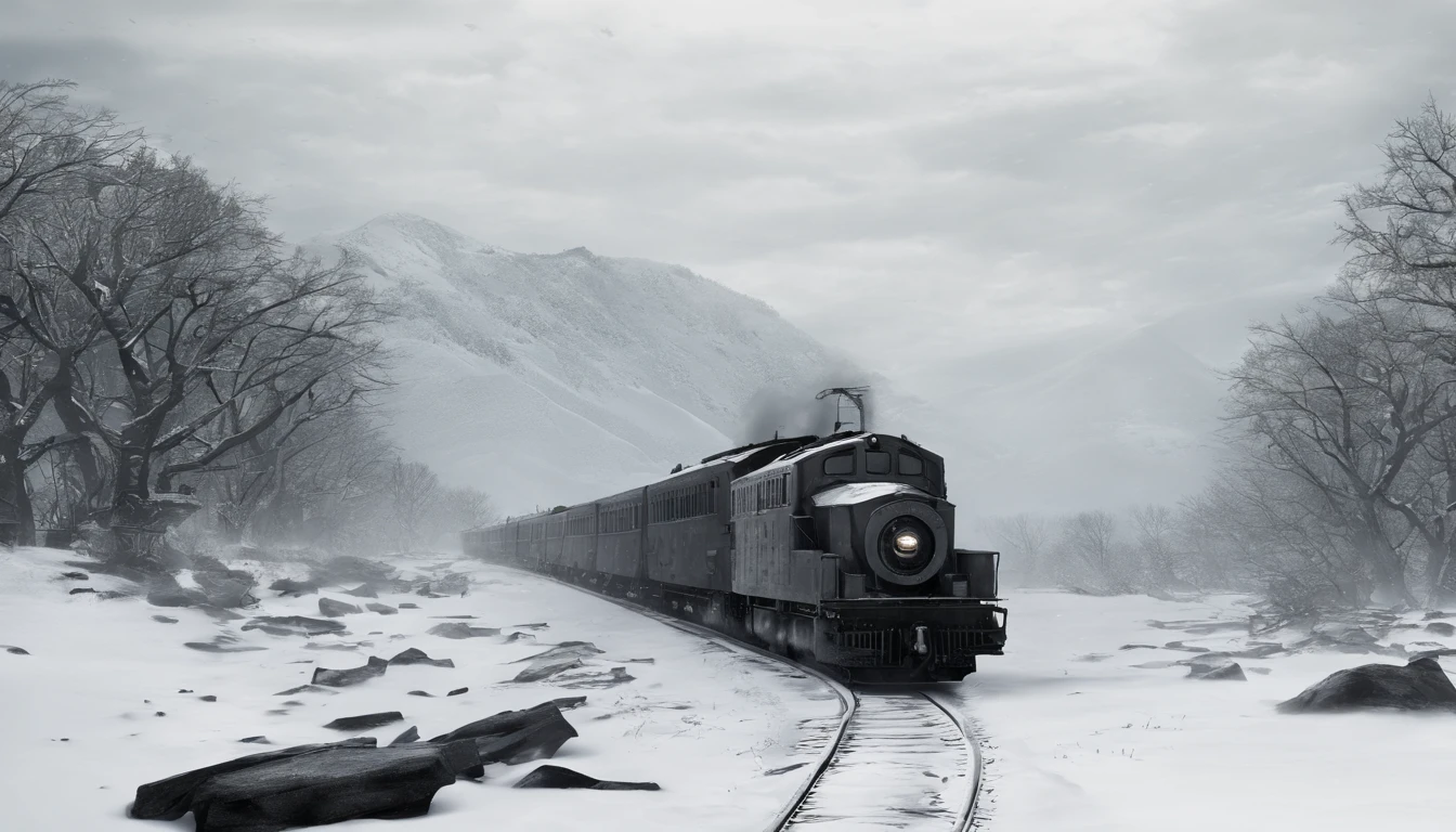 treno cheio de presentes de natal na neve, imagem realista, fundo branco