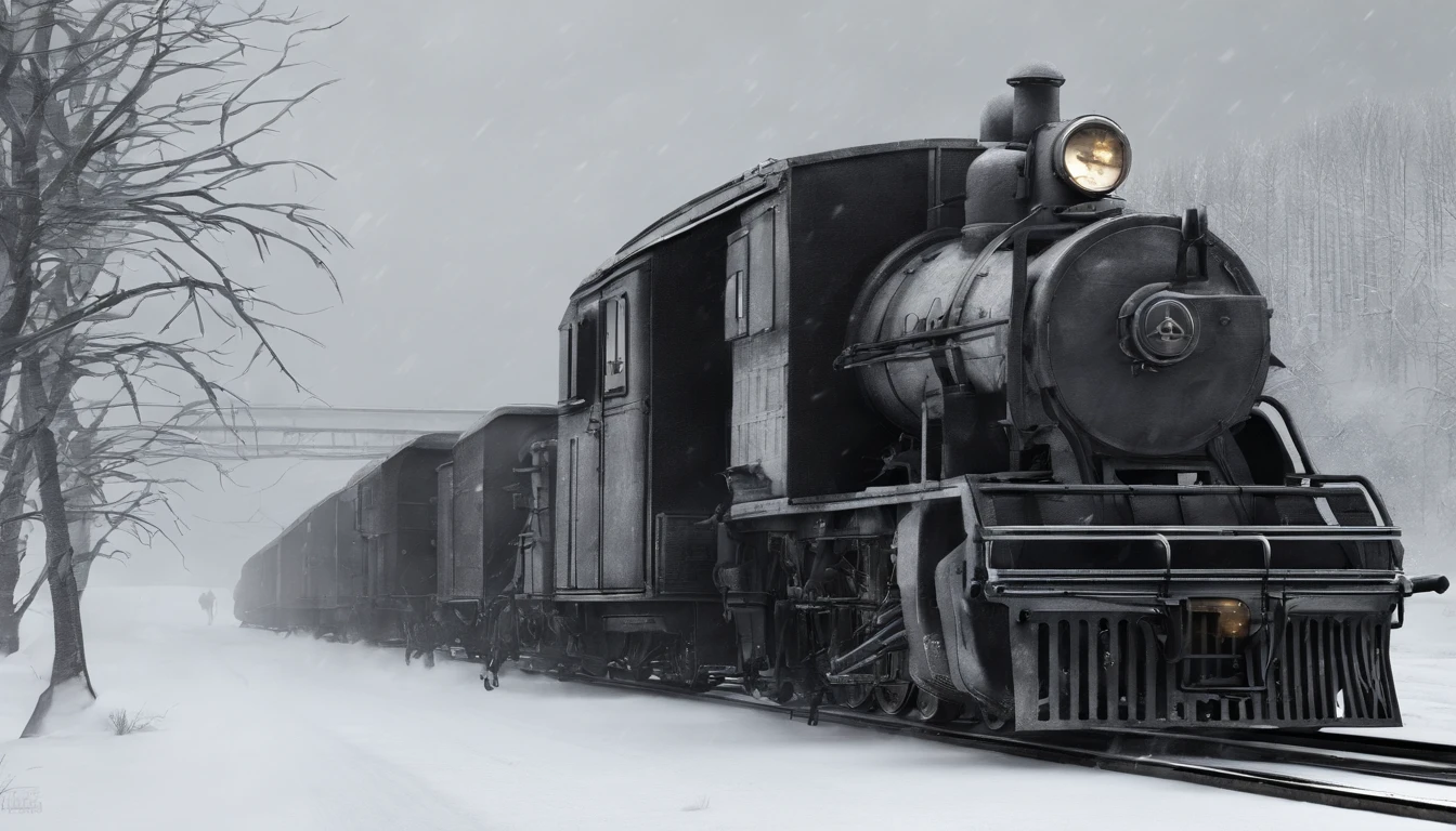 treno cheio de presentes de natal na neve, imagem realista, fundo branco