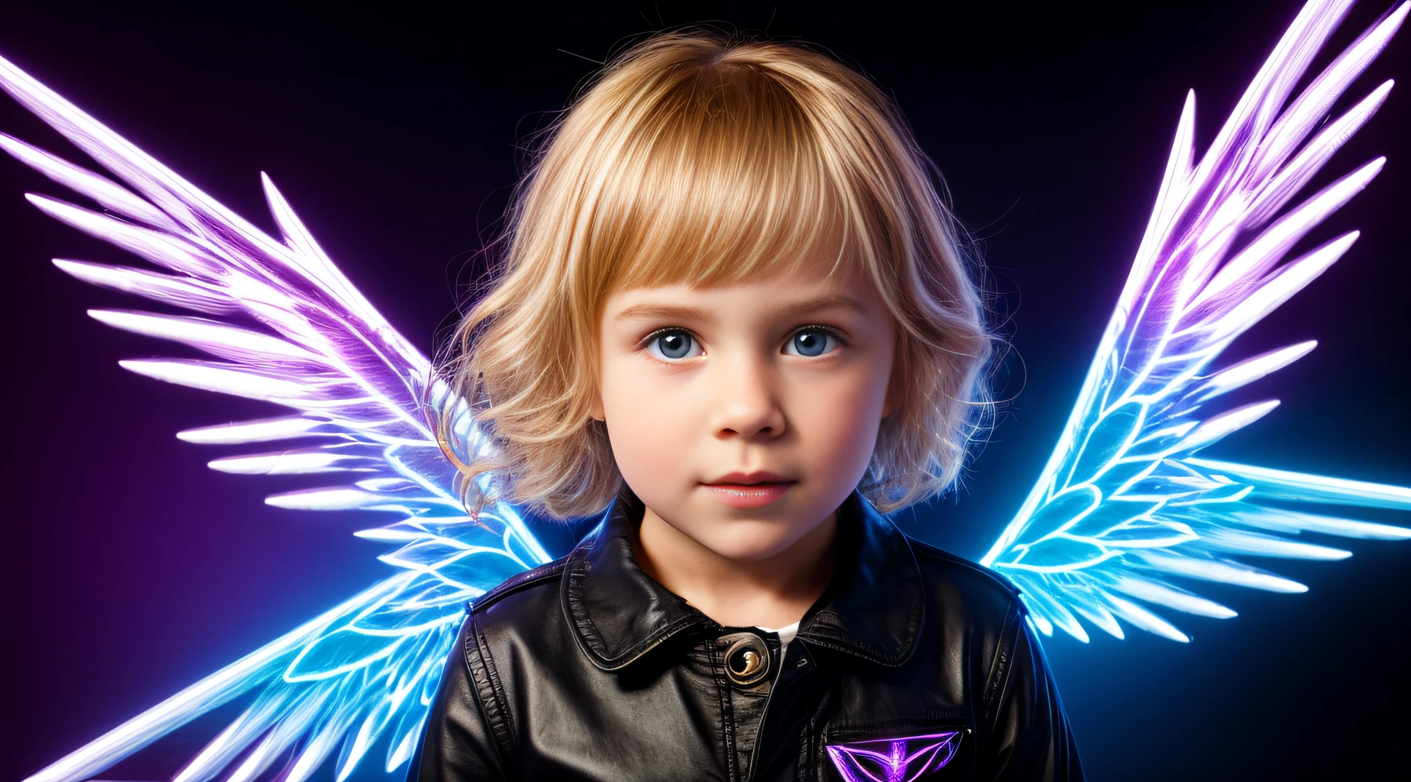 a blonde girl, com asas em um fundo roxo, Asas pretas ligeiramente queimadas, Asas Negras, lasers azuis, fundo preto.
