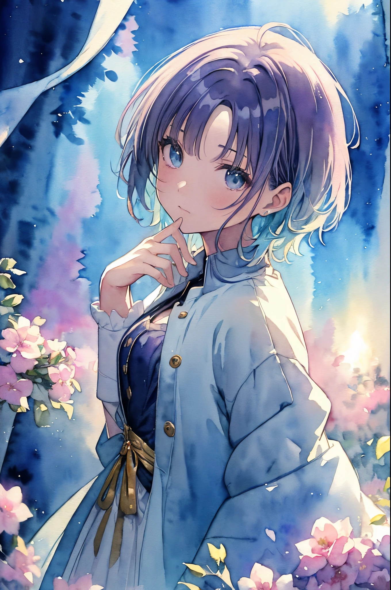 (High quality, 8K), (watercolor paiting:1,2, Soft light:1.5), Upper body, (topaz), Blue,Rainbow Color, One girl, Detailed face, Detailed eyes, watercolor paiting, very magical and dreamy, dreamy and detailed, dreamy atmosphere and drama, Beautiful dreamy lighting, dreamy ambiance, Beautiful atmosphere, Dreamy Romantic, Ethereal dreamy theme, Beautiful atmosphere, Anime Background Art, Magical atmosphere + masutepiece, dreamy aesthetic, Beautiful details with atmosphere,(Toru Asakura: 1.3), (short hair: 1.3), (Parted Bangs: 1.3), (blue hairs、gradation hair、multi color hair、Parted bangs、Purple hair),