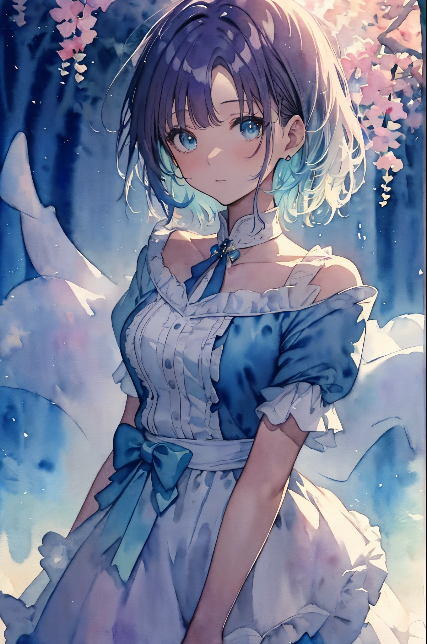 (High quality, 8K), (watercolor paiting:1,2, Soft light:1.5), Upper body, (topaz), Blue,Rainbow Color, One girl, Detailed face, Detailed eyes, watercolor paiting, very magical and dreamy, dreamy and detailed, dreamy atmosphere and drama, Beautiful dreamy lighting, dreamy ambiance, Beautiful atmosphere, Dreamy Romantic, Ethereal dreamy theme, Beautiful atmosphere, Anime Background Art, Magical atmosphere + masutepiece, dreamy aesthetic, Beautiful details with atmosphere,(Toru Asakura: 1.3), (short hair: 1.3), (Parted Bangs: 1.3), (blue hairs、gradation hair、multi color hair、Parted bangs、Purple hair),
