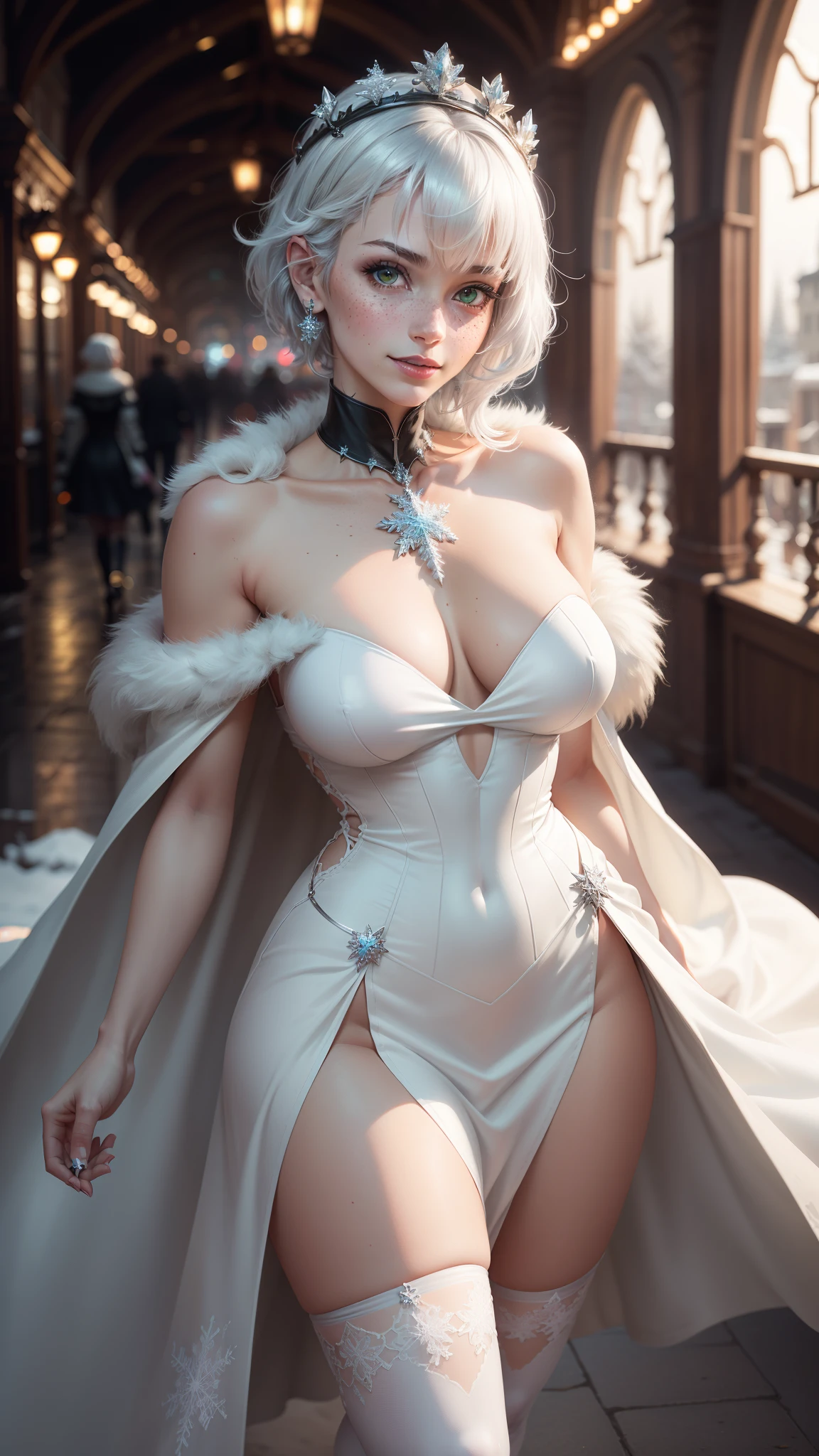 gwen tennyson,1girl,tracer,y'shtola rhul,yorha 2b,rebecca chambers,nier automata,atelier ryza,close up,christmas town,tattoos,white plugsuit,white short sleeve crystal leotard,silver embroidery long white snowflake gown dress,silver embroidery crystal corset,short hair,princess makeup,green glowing eyes,multicolored silver hair,sexy smile,freckles,beautiful girl, large breasts,white stockings,8k,ultra detailed,realistic,fantasy art,crystal armor,winter armor,fur cloak,snowflake princess dress,long dress train,silver crystal crown,ear piercings,christmas tree,snowflake hand and neck jewelry, walking,(weather:feathers flying),