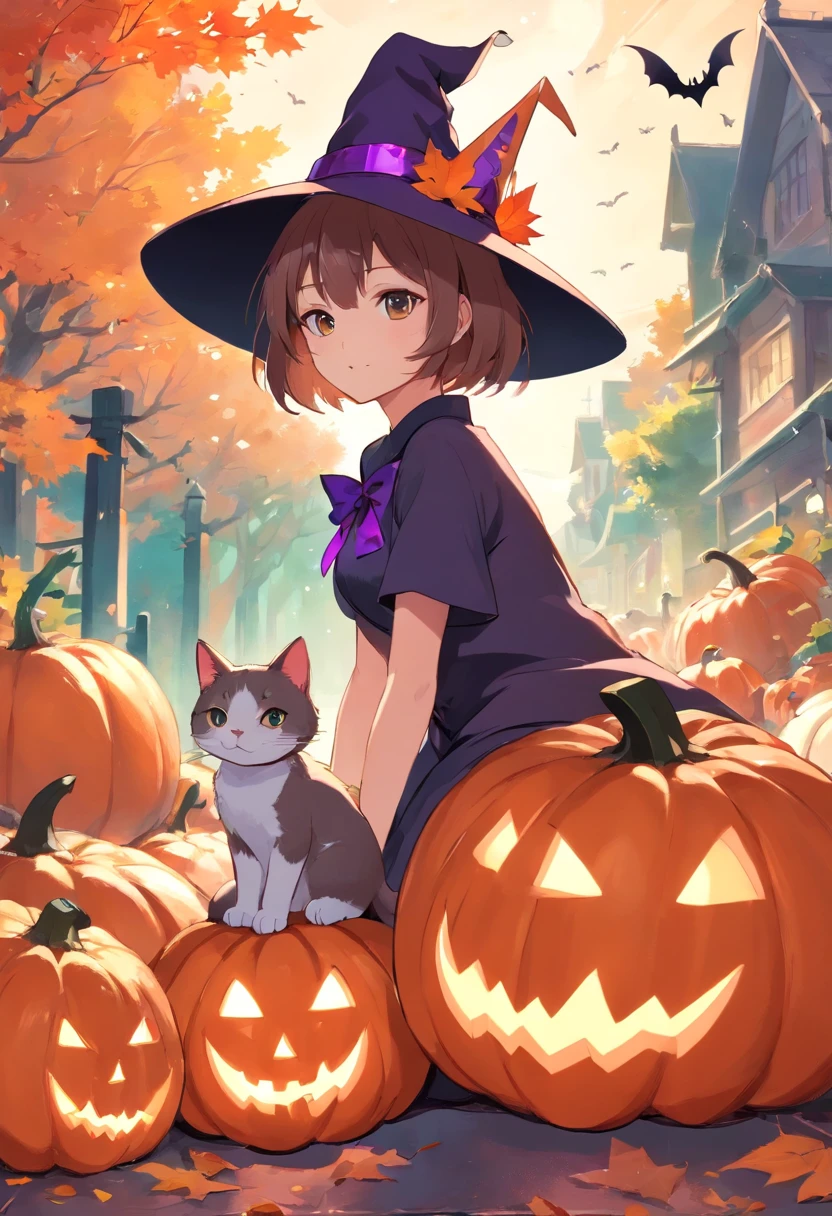 English shorthair cat wearing a witch hat's has, the tail is short, pumpkins, Halloween, the bats、vibrant greenery、fluorescent pink、Fluorescent Green、neon color
