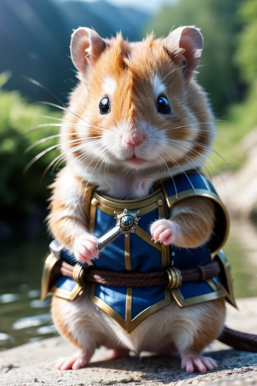 (best quality,4k,8k,highres,masterpiece:1.2,ultra-detailed,realistic,photorealistic:1.37, RAW photo, Nikon, portrait a little hamster with armor and sword), chibi, side a river inside a mountains for background, blurry background, bokeh, macro photo, UHD, 16k, best quality, super detail, retina,