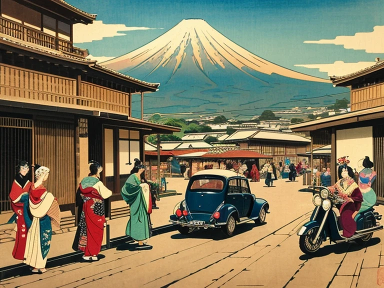 ((ukiyoe painting))、(Beautuful Women:1.5)、motor car、Kaigan Street、High waves、Mt fuji、Toyota、corolla、Motorcycles、Edo period、kimono、