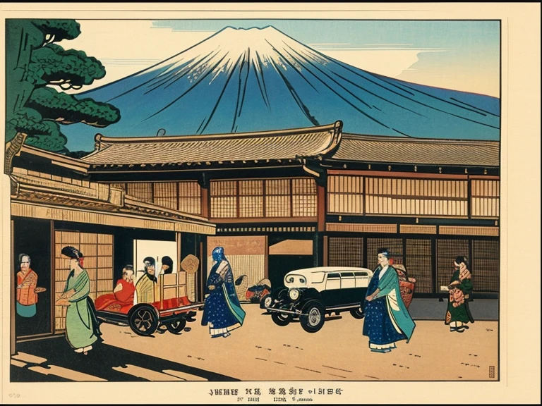 ((ukiyoe painting))、(Beautuful Women:1.5)、motor car、Kaigan Street、High waves、Mt fuji、Toyota、corolla、Motorcycles、Edo period、kimono、