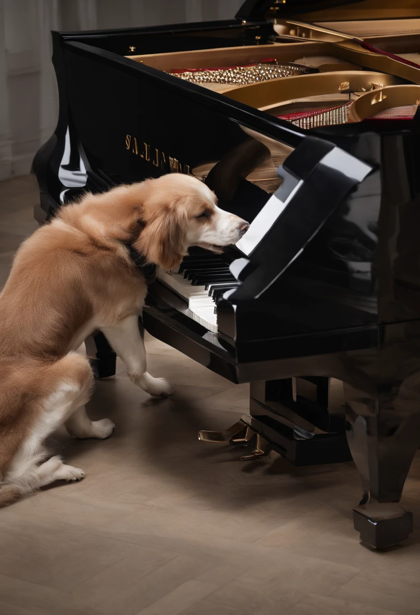 A photo of Jinjin trying to play the piano, with keys all over the floor,original,ugly dog, small, black, male