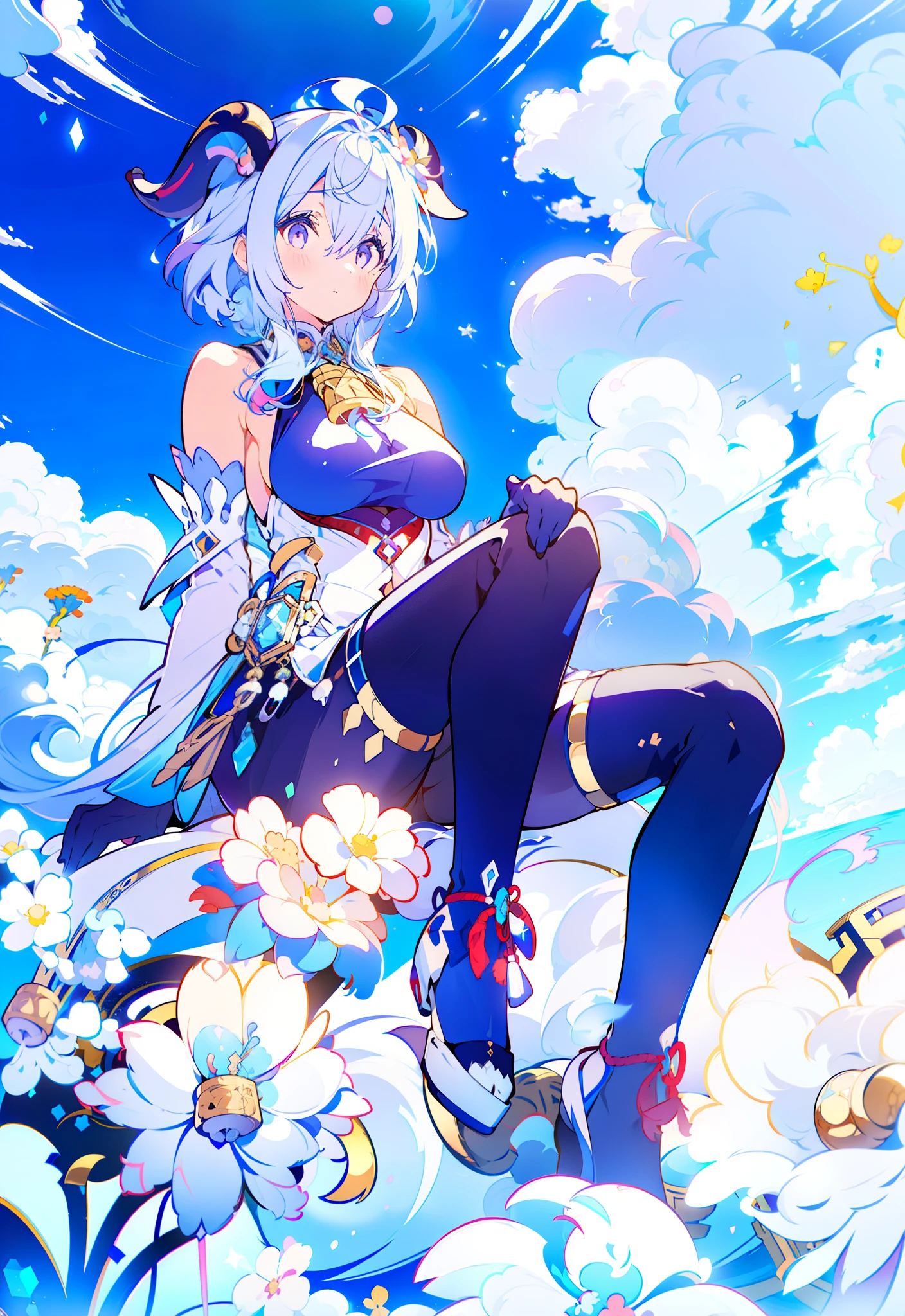 1 girl solo, light blue hair, purple eyes, dark red ram horns, golden bell on her chest, detached white and blue sleeves, bare shoulders, sleeveless black top, black leggings, black gloves (((sitting on a fluffy white cloud, surrounded by clouds))) sunny day, iridescent light, shy smile, blushing, (((fullbody))) (((clouds and white flowers)))