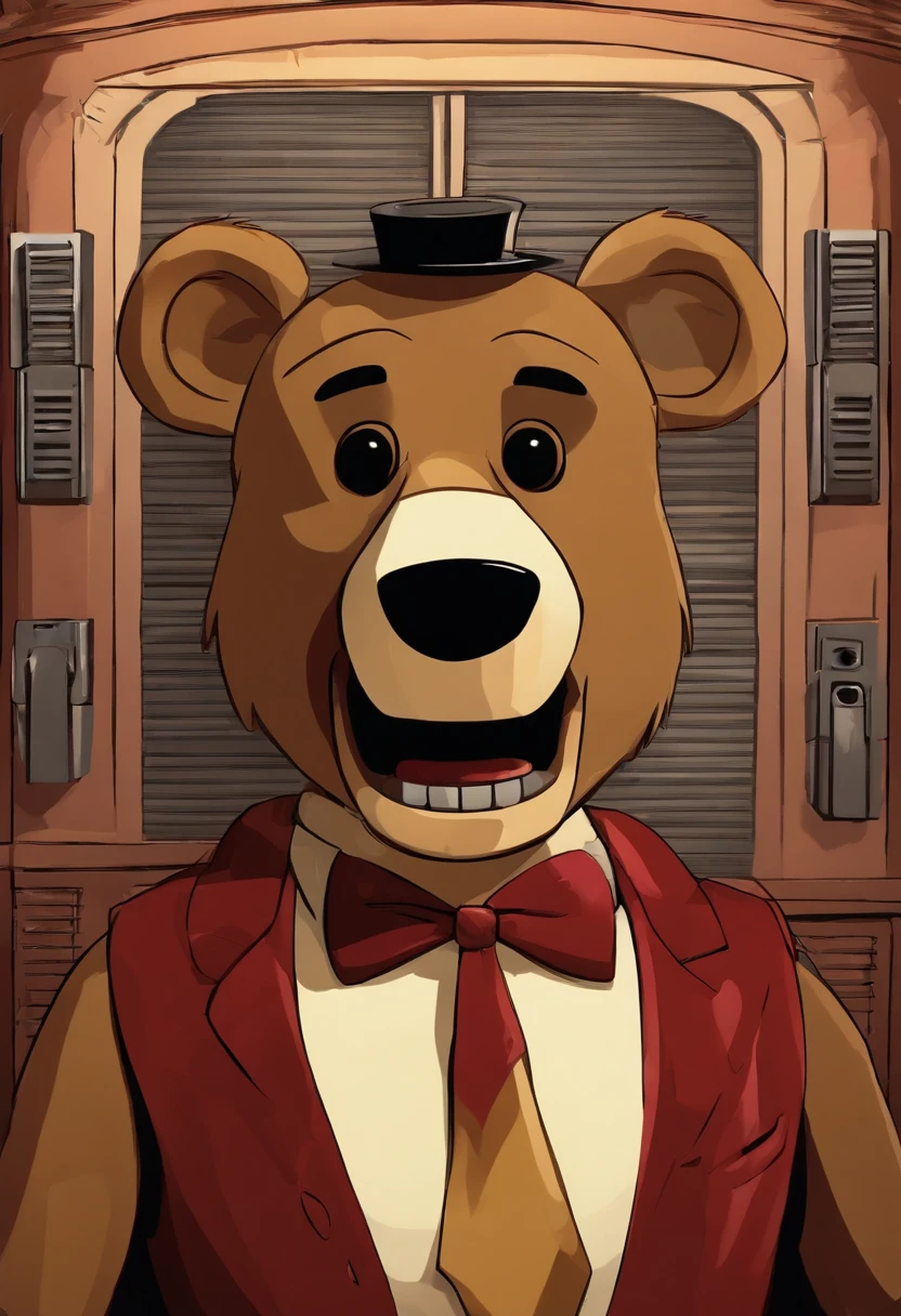 The creepy animatronic bear is standing in front of a vintage photo booth, holding a prop mustache and making a silly face, with the robotic tongue sticking out.,Five Nights at Freddy's,freddy fazbear, male