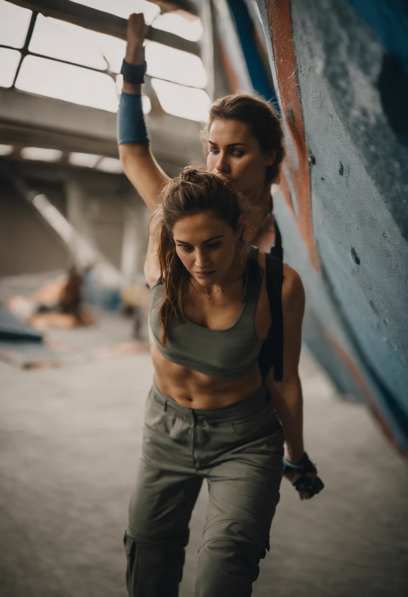 A photo of Ellie at a rock climbing gym, reaching for a challenging handhold on the climbing wall.,The Last of Us Part II,Ellie Williams is a white girl with a few freckles, with a medium hairstyle, brown dark hair. She wears practical and utilitarian clothing that reflects the harsh and post-apocalyptic world. Wearing converse is a must. She has visible scars (one across her right eyebrow) and a tattoo wraps almost completely her right forearm covering her bite mark scar. Her build is slim and athletic. Her facial expression include a determined and sometimes intense expression. Her eyes convey a sense of resilience and determination. Her hairstyle is a messy half ponytail. Blue eyes., female