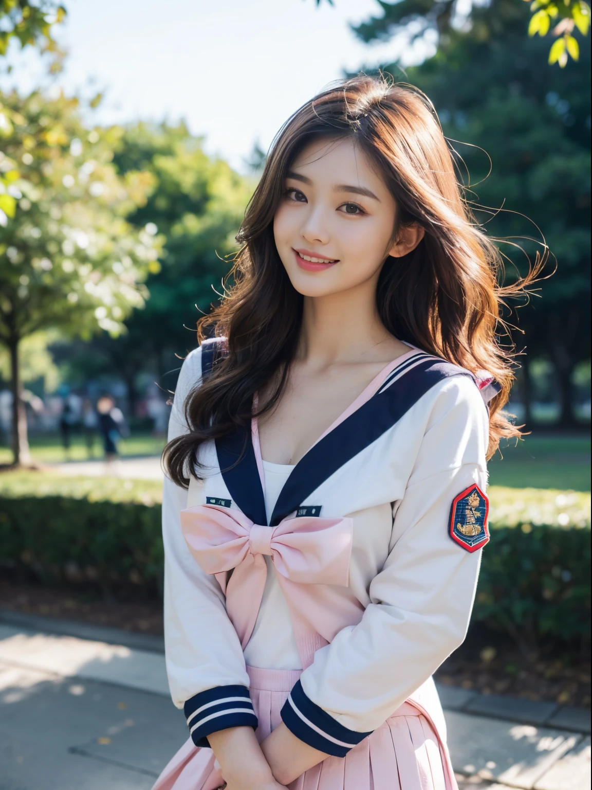 ((((top-quality))))、(((Ultra Precision CG16K Wallpapers)))、(((masterpiece)))、(((ultra-detailliert)))、(((Ultra-extreme details)))、1Man Woman、a matural female、An 18-year-old woman、((Korean Face))、((extremely beautiful face))、((sasaki nozomi:1.5))、((Soft wave semi-long hair:1.3))、(shinny hair)、Bangs up to the eyebrows、Beautiful brown hair、Beautiful delicate eyes、Brown eyes、raised eyebrows、lofty nose、small nostrils、Small mouth、seductive lips、slightly open mouth、Beautiful breasts、C-cup size breasts、cleavage of the breast、Plump body、perfectly proportions、perfect anatomia、perfect-composition、beautiful detailed shading、Beautiful natural lighting、Beautiful detail glow、depth of fields、(((a high chroma)))、(((realisitic:1.9)))、((Vivid:1.4))、((Beautiful skin))、((Skin texture))、((Realistic skin feeling))、(((Head-to-thigh shot:1.5)))、((Frontal angle:1.5))、((a smile:1.3))、(Eyes looking at me)、Bright sunshine、(((Walking in the park:1.5)))、(Blur the background)、(((Japanese high school girl wearing uniform、Wearing pink sailor suit:1.5)))、((2 arms、2 legs:1.3))、