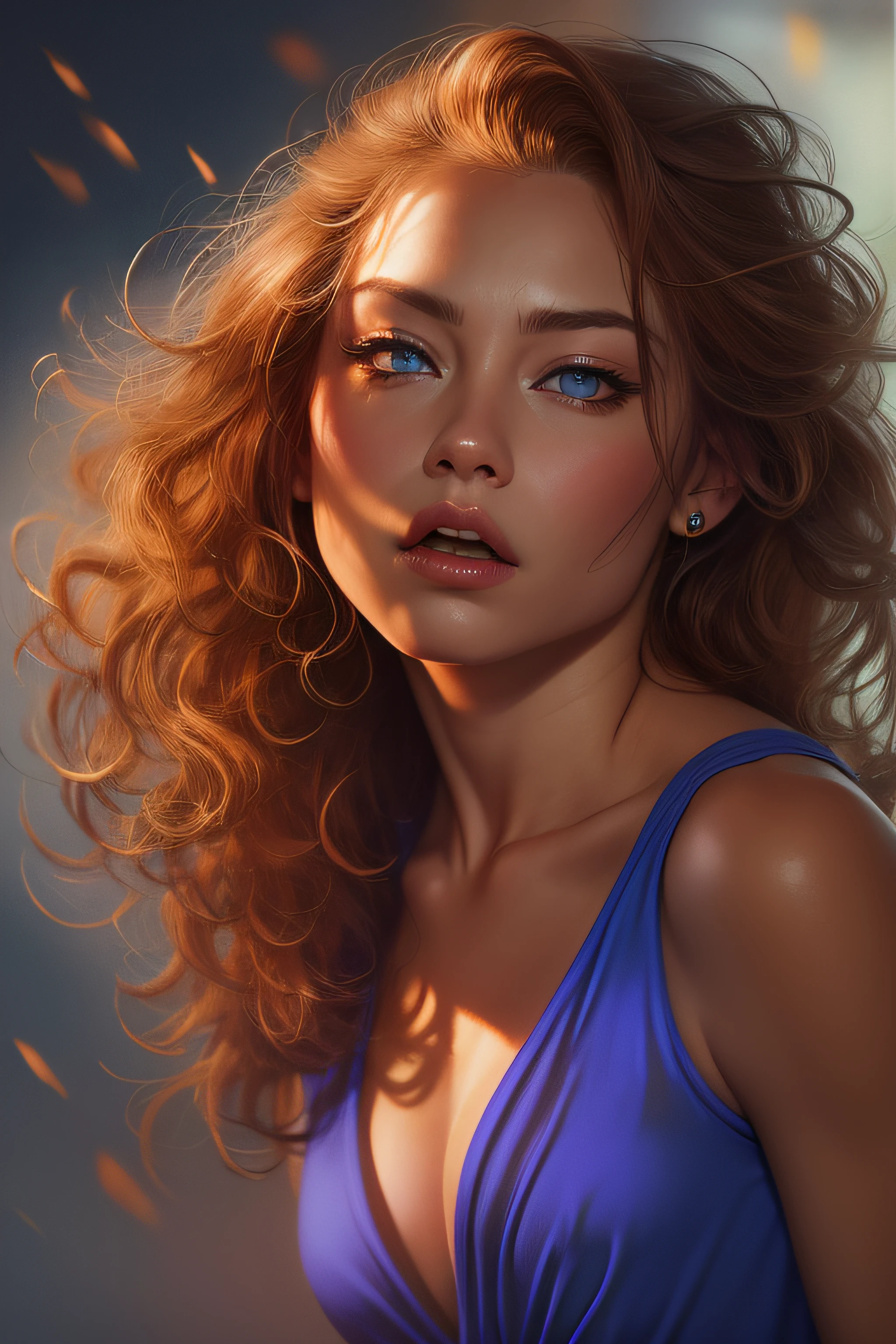 A full body of a stunning tanned skin 19 year old orange-haired-curly, very angry Kristin kreuk with piercing fire-breathing eyes, Deep-low-cut blue Dress. A fierce light is coming from her freezing-cold blue eyes. full lips, perfect face, perfect skin, too beautiful, hyperrealism