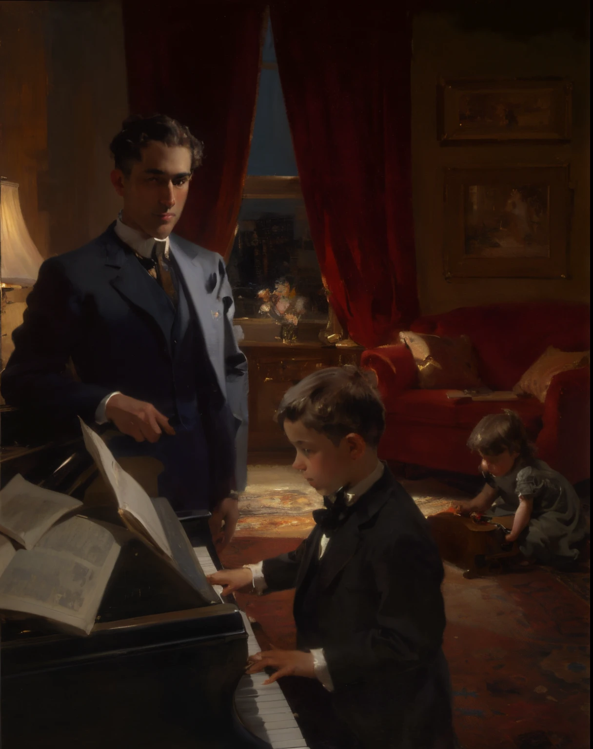 a John Singer Sargent style painting of a man standing and watching a age George Gershwin playing piano in an Edwardian Manhattan apartment in 1917. a 2-year-old blonde girl in a dress is playing a toy piano on a persian rug. Dramatic rim lighting
