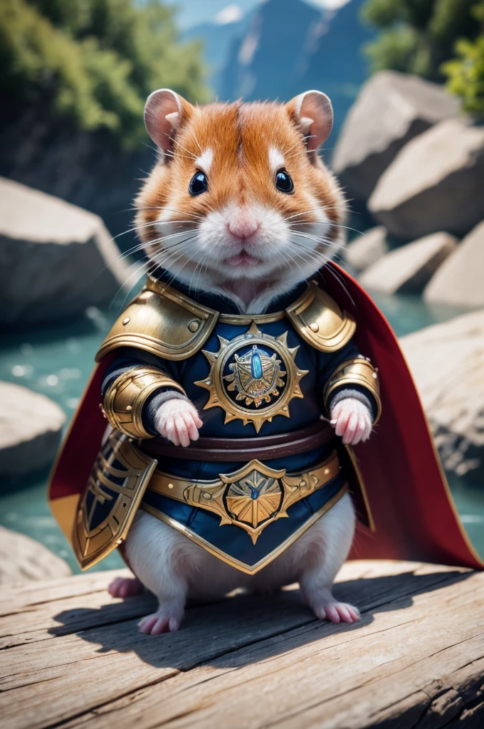 (best quality,4k,8k,highres,masterpiece:1.2,ultra-detailed,realistic,photorealistic:1.37, RAW photo, Nikon, portrait a little hamster with armor and sword), chibi, side a river inside a mountains for background, blurry background, bokeh, macro photo, UHD, 16k, best quality, super detail, retina,