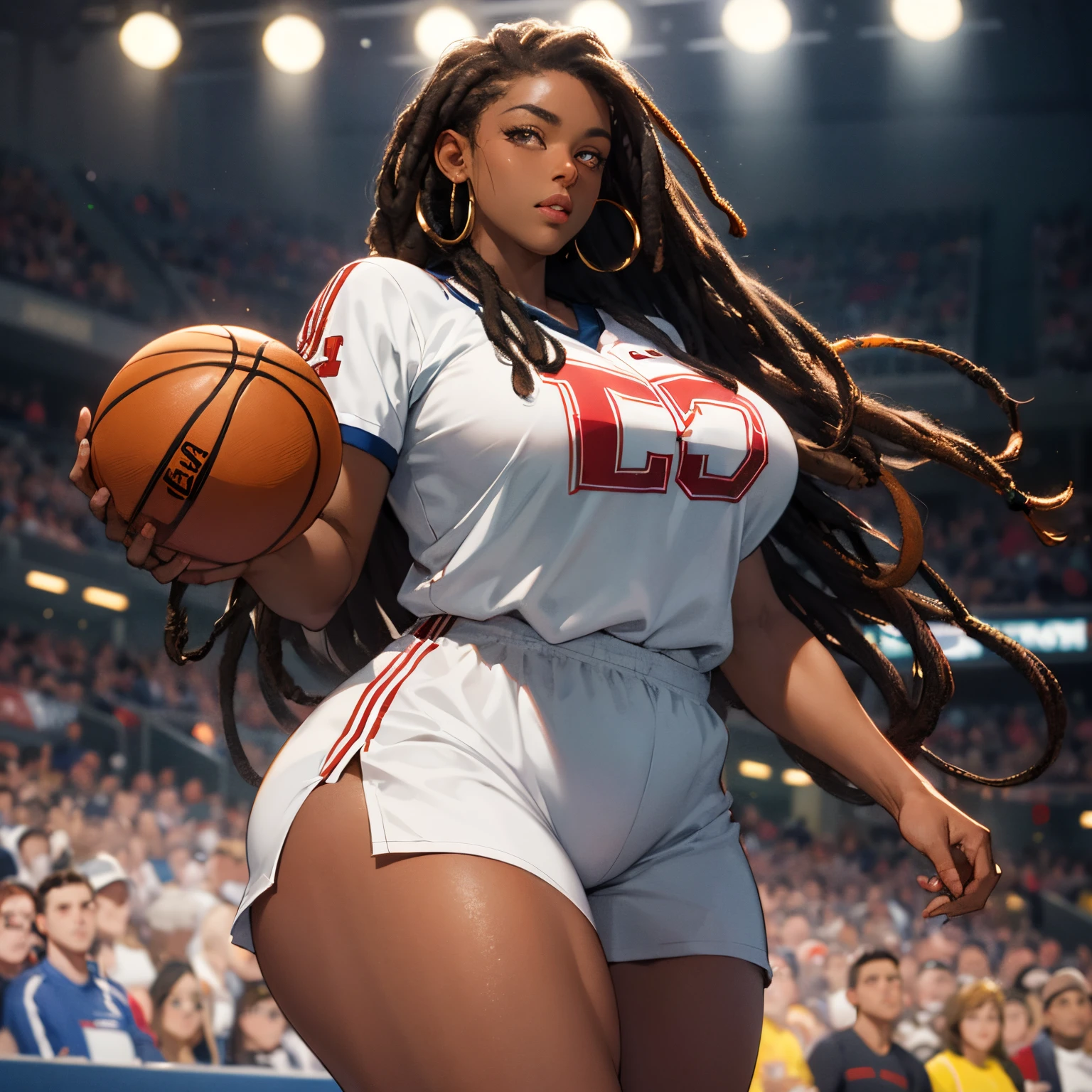 dark-skinned female, Uniforme de basket-ball, poitrine, gros seins, voluptueux, thick thighs, Oppai, hanches larges, Sinueuse, gros cul, cul massif, dreadlocks