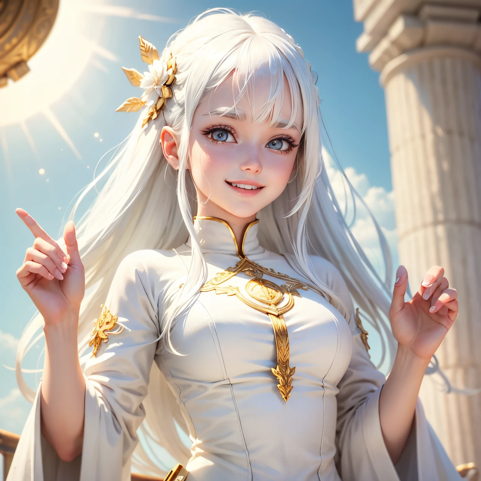 best quality, white hair, gold eyes, white clothes, looking up, upper body, hair strand, Fair skin, smiling, she is holding up her index finger