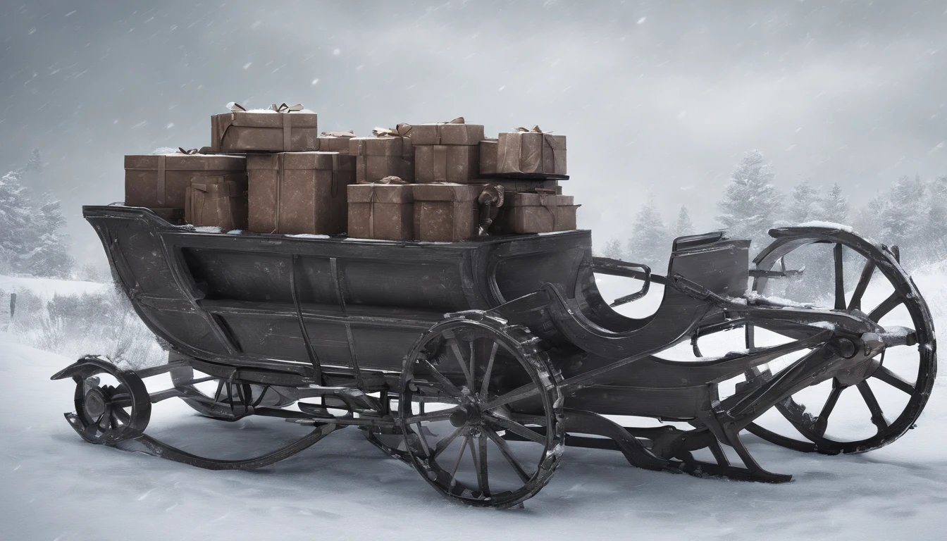 sleigh full of christmas gifts in the snow, realistic image, white background