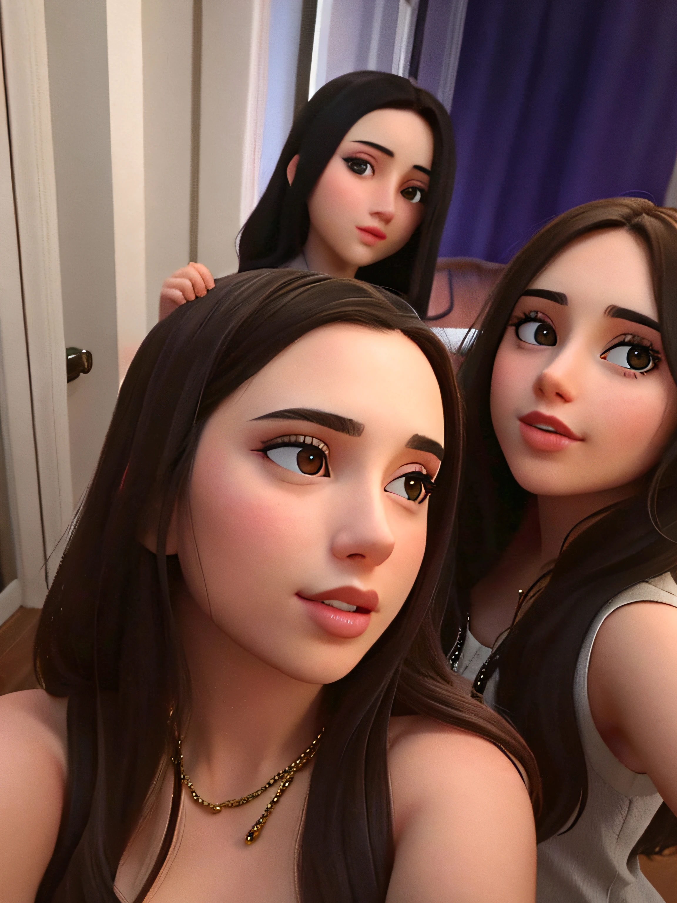 Three women, naked, laying on bed, selfie, small breasts, random hair styles, elegant makeup, white gloves, beautiful, perfect skin, 8k resolution, perfect lighting, perfect face, perfect shading, extreme detail, shining, from above, group hug, taking selfie with smartphone:1.5, tanned skin, bright lighting, kissing each other