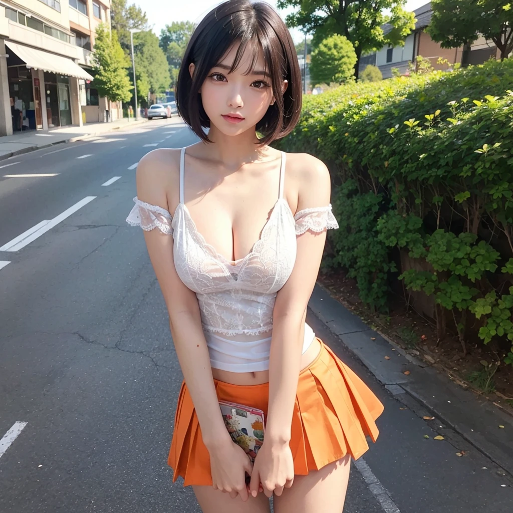 In the street、((Bob cut)), A dark-haired、Beautie、Women in Their 20s、A Japanese Lady、((1 persons)),((Orange V Neck T-Shirt)), Black pleated skirt)), A glimpse of pink panties、Poses with emphasis on、Beautiful cleavage、well-shaped breasts、Sexy Pose, luslous skin、Beautiful skin,(masutepiece)), (((best quality))), ((Ultra-detailed)), ((Illustration)),8k wallpaper,Beautiful and narrow eyes,NSFW,Professional Lighting,best light,top-quality,Realistic,Unity,8k wallpaper,Official art,Highly detailed CG Unity 8k wallpaper,ultra-detailliert,hight resolution,Physically-based rendering,ultra-detailliert,magnifica,finely detail,masutepiece,Best Quality,ultra-detailliert
