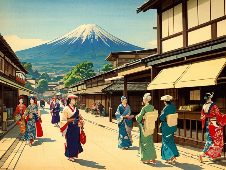 ((ukiyoe painting))、(Beautuful Women:1.5)、motor car、shopping street、、Mt fuji、Toyota、NISSAN、Motorcycles、edo period、Kimono、