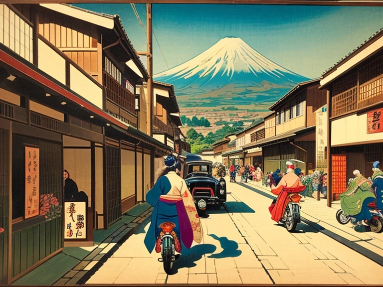 ((ukiyoe painting))、(Beautuful Women:1.5)、motor car、shopping street、、Mt fuji、Toyota、NISSAN、Motorcycles、edo period、Kimono、