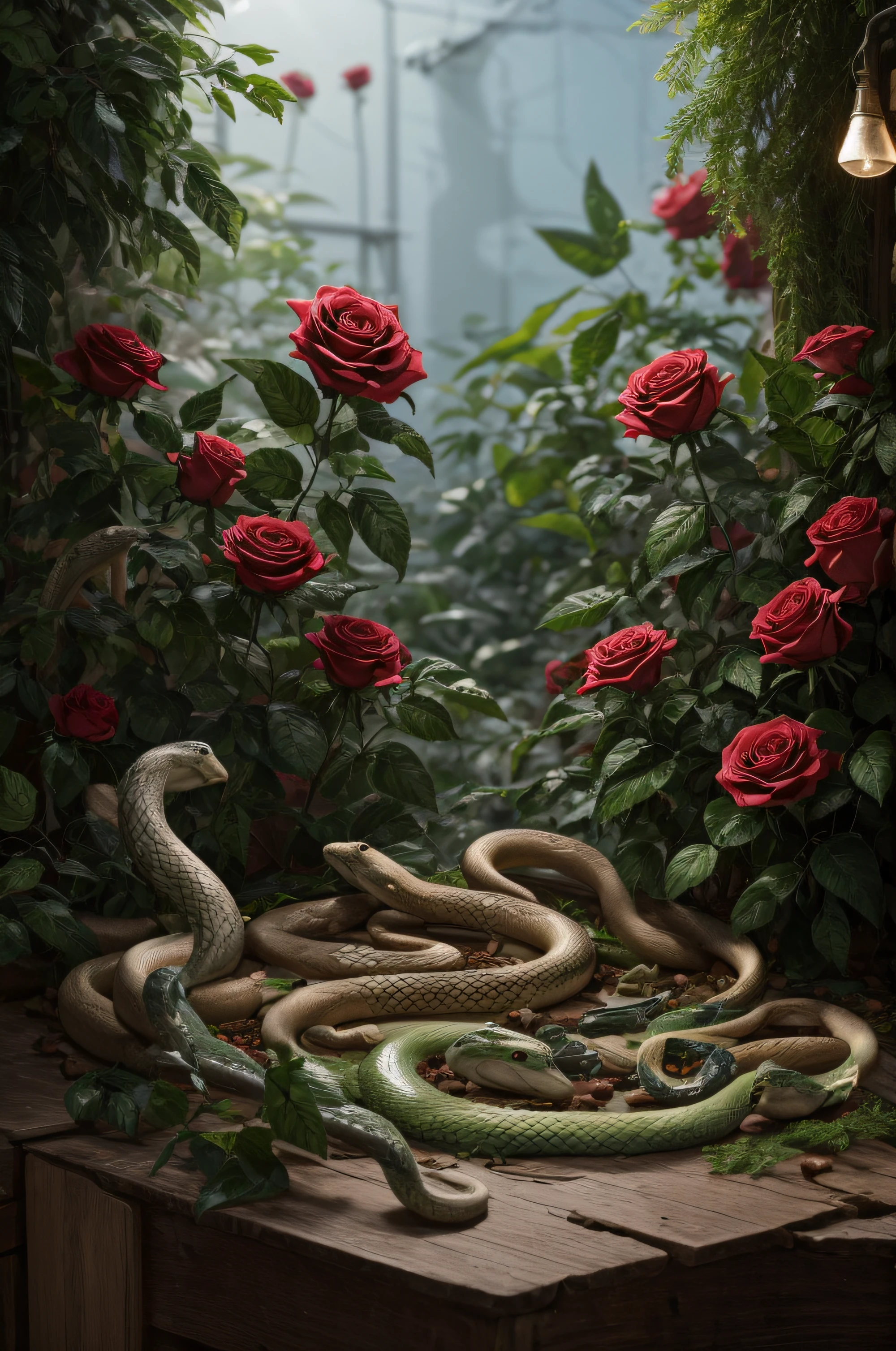add some snakes figures and small birds figures, also roses