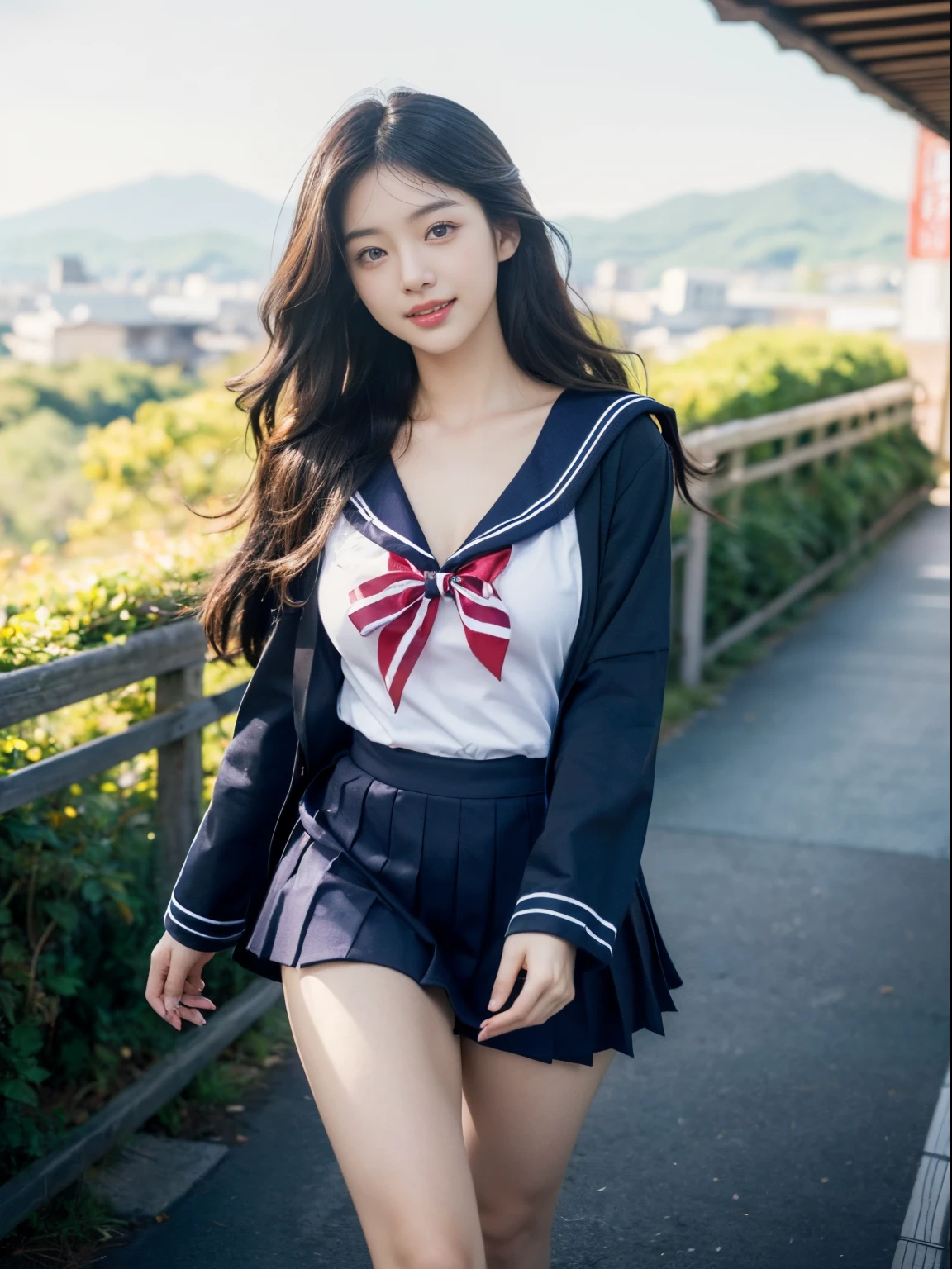 ((((top-quality))))、(((Ultra Precision CG16K Wallpapers)))、(((masterpiece)))、(((ultra-detailliert)))、(((Ultra-extreme details)))、1Man Woman、a matural female、An 18-year-old woman、((Korean Face))、((extremely beautiful face))、((sasaki nozomi:1.5))、((Soft wave semi-long hair:1.3))、(shinny hair)、Bangs up to the eyebrows、Beautiful brown hair、Beautiful delicate eyes、Brown eyes、raised eyebrows、lofty nose、small nostrils、Small mouth、seductive lips、slightly open mouth、Beautiful breasts、C-cup size breasts、cleavage of the breast、Plump body、perfectly proportions、perfect anatomia、perfect-composition、beautiful detailed shading、Beautiful natural lighting、Beautiful detail glow、depth of fields、(((a high chroma)))、(((realisitic:1.9)))、((Vivid:1.4))、((Beautiful skin))、((Skin texture))、((Realistic skin feeling))、(((Head-to-thigh shot:1.5)))、((Frontal angle:1.5))、((a smile:1.3))、(Eyes looking at me)、Bright sunshine、(((Walking on the mountain:1.5)))、(Blur the background)、(((Japanese high school girl wearing uniform、Sailor suit wearing:1.5)))、((2 arms、2 legs:1.3))、