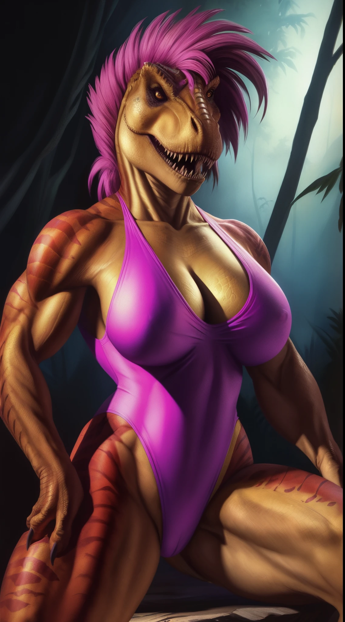 (high quality, masterpiece, realistic, 8k) anthropomorphic, woman, dinosaur, highleg leotard, sexy, scaly, furry, claws, sharp teeth, thicc, muscular, scales, busty, hair, Tyrannosaurus, fierce,Trex_Dinosaur, therapod, 80s hair,