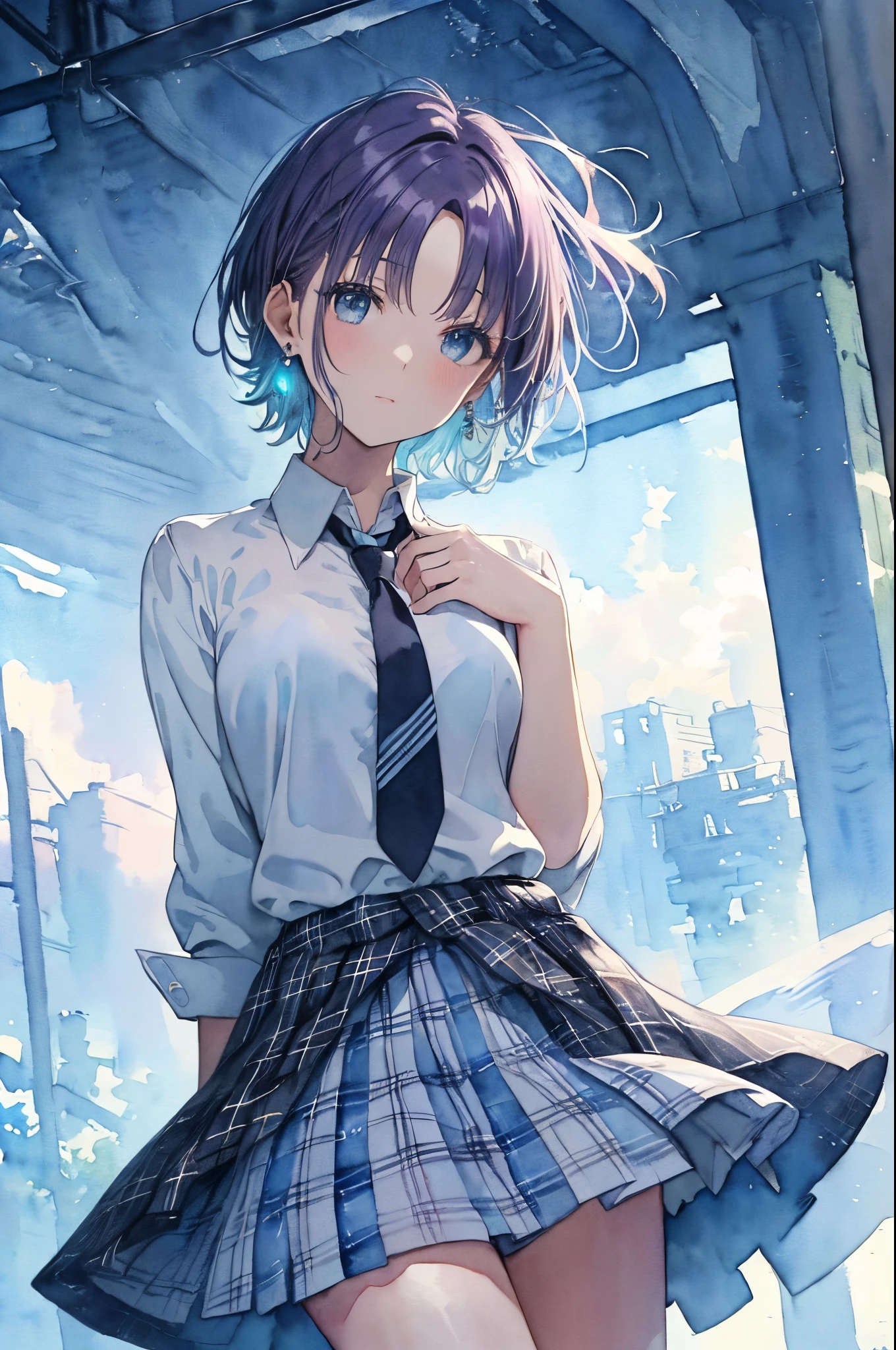 (High quality, 8K), (watercolor paiting:1,2, Soft light:1.5), Upper body, (topaz), Blue,Rainbow Color, One girl, Detailed face, Detailed eyes, watercolor paiting, very magical and dreamy, dreamy and detailed, dreamy atmosphere and drama, Beautiful dreamy lighting, dreamy ambiance, Beautiful atmosphere, Dreamy Romantic, Ethereal dreamy theme, Beautiful atmosphere, Anime Background Art, Magical atmosphere + masutepiece, dreamy aesthetic, Beautiful details with atmosphere,(Toru Asakura: 1.3), (short hair: 1.3), (Parted Bangs: 1.3), (blue hairs、gradation hair、multi color hair、Parted bangs、Purple hair),⑧Costume : (open collar, school uniform, rolled up sleeves, wristband, earrings), (earrings), (bluish white plaid skirt), (simple loose black necktie), (dark blue high socks: 1.3), ⑨Others:(Waiting for a kiss、Toned waist、slender body、small head、Seven-headed body, beauty legs, Footboard beauty),