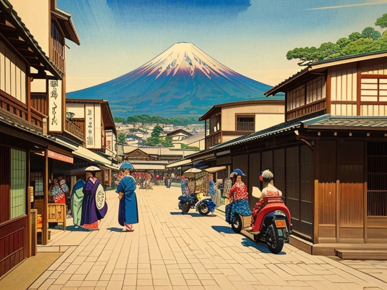 ((ukiyoe painting))、(Beautuful Women:1.5)、motor car、shopping street、、Mt fuji、Toyota、Nissan、Motorcycles、edo period、Kimono、Smartphones、DVR、