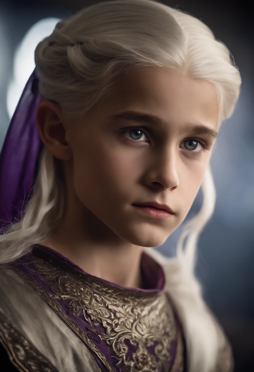 Young boy, 6 years old, Royalty, Round box-like strong jawline, strong cheekbones, medium-full lips, thin but strongly defined nose, very good hairline, shoulder-length Silver-white hair, tall for his age, handsome, targaryen, silver hair, expensive Black outfit.