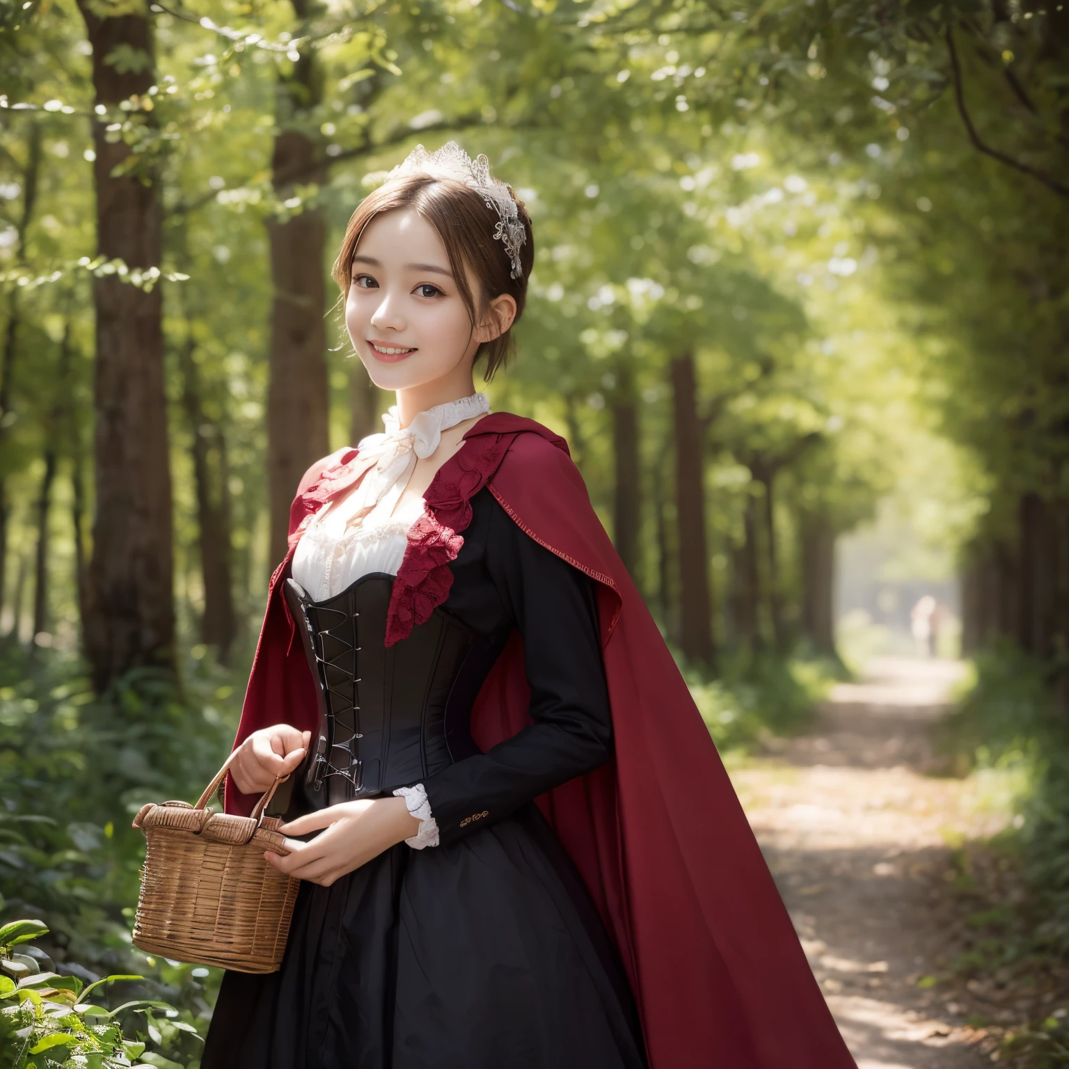 ((top-quality、masutepiece、8K、Top image quality))、1 beautiful girl、(15 year old girl with a young face:1.3)、((bordeaux food、accurate hood、cape、intricate corset、frilld、Intricate Victorian costumes))、(Classic atmosphere:1.3)、(classic folktale atmosphere:1.1)、(Fantasy atmosphere:1.3)、(Short Wave Hair:1.2)、Look at me and smile、I have one exact fruit basket.、Emphasize body lines、accurate anatomy、(cowboy  shot)、deep in a dimly lit forest、crowded, Dark Forest、A slender、Perfect makeup