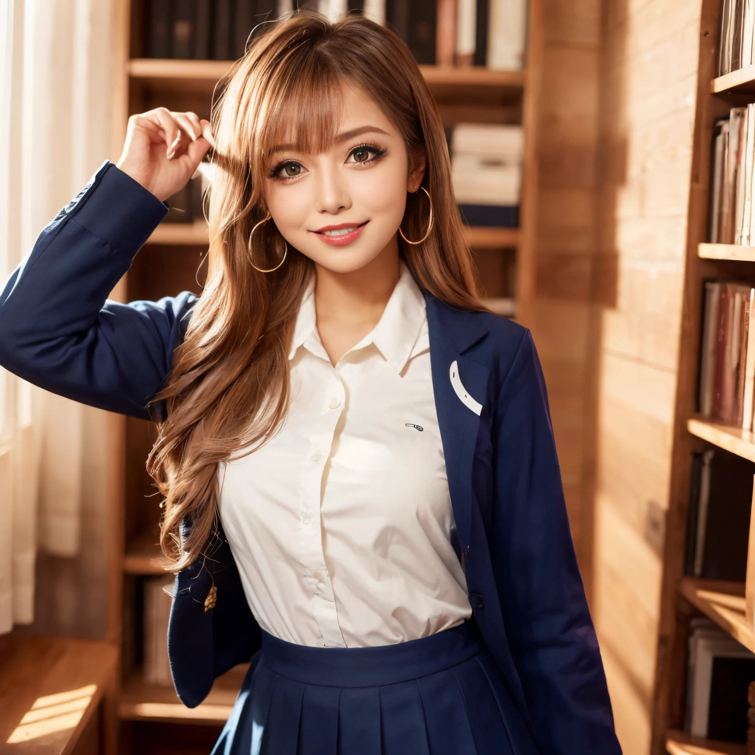 ((top-quality、masutepiece、8K、Top image quality))、(1 photo:1.5)、Highly saturated、1 girl、((Navy Blazer for Uniforms、Red ribbon on chest、Uniform Shirt、pleatedskirt))、The happiest smile、View me、waved hair、The background is the library、Detailed bookshelf、Stand next to a bookshelf、Soft lighting in warm colors、lipsticks、long eyelashes、Perfect makeup、Emphasize body lines、large full breasts、accurate anatomy、(perfect hair:1.2)
