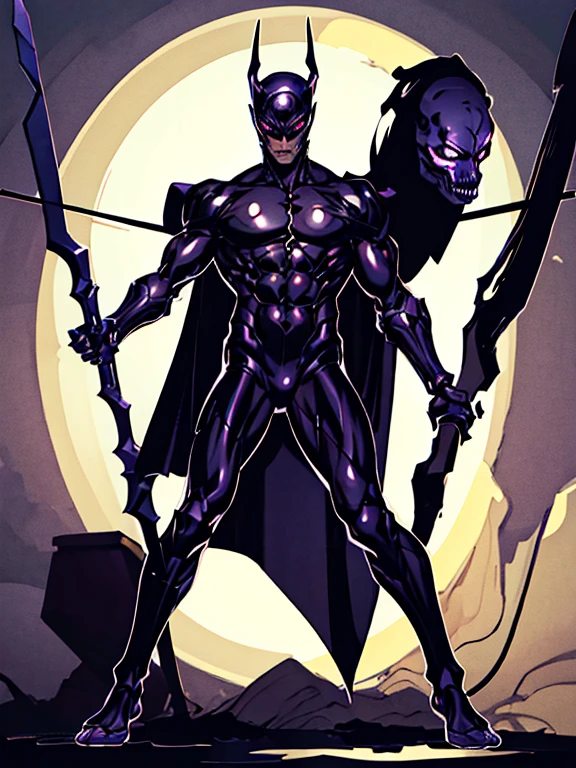 (masterpiece), best quality, detailed very Thin man, black skin, headgear black simagh, black blindfold, detailed skeleton mask, full body, long black pants, half naked, black purple slime, holding spear, monster, cripple, no skeleton body