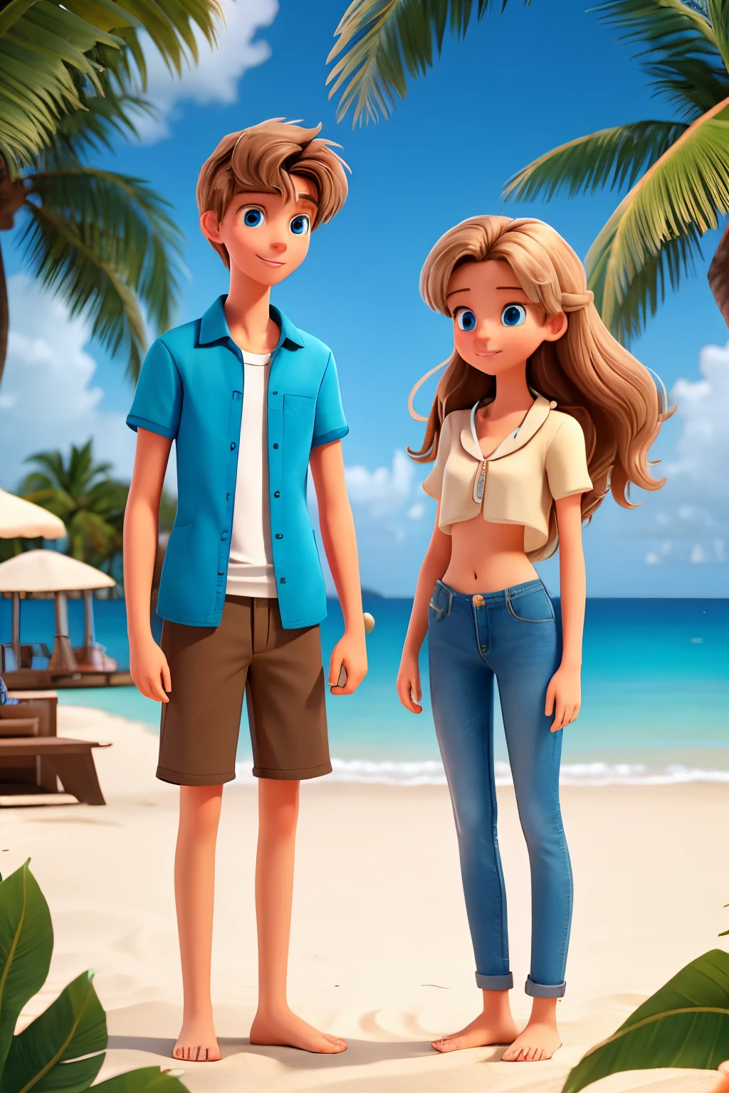 Girlfriend and boyfriend 18 year old, in holidays in a tropical sea. They are together and they're happy. He is a tall boy, skinny and he has blond hair and blue eyes. She is short and she has long brown hair and brown eyes too.