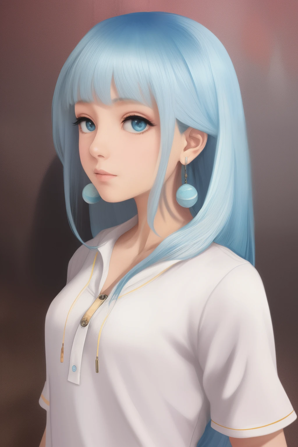 White skin, long light blue hair, Pokémon style,  girl, white earrings