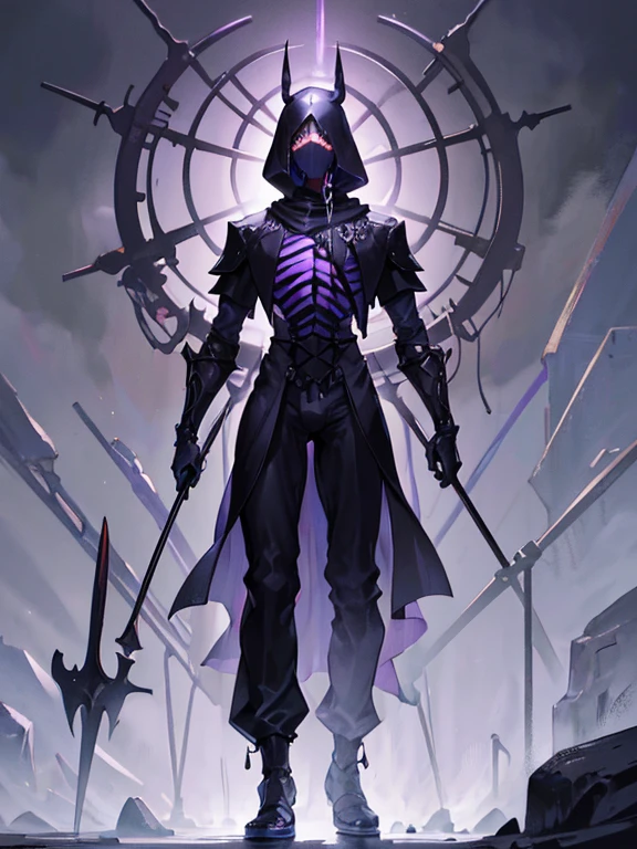 (masterpiece), best quality, detailed very Thin man, black skin, headgear black simagh, black blindfold, detailed skeleton mask, full body, big long black pants, half naked, black purple slime, holding spear, monster, cripple, no skeleton body,