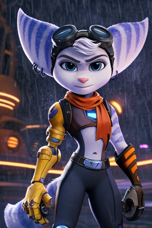 female, (Detailed face), (solo:1.1), [(thin:1.1) : small petite : (rivet (ratchet and clank):1.2):4], black pants, raining, night, tail, earrings, goggles on head, bangs, mechanical right arm, standing, unreal engine 5