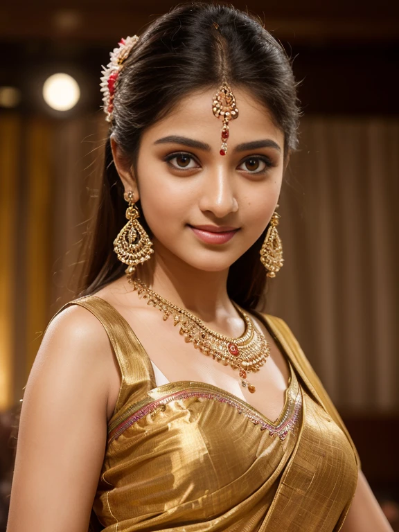 (best quality, ultra-detailed, realistic:1.37), professional, beautiful detailed eyes, beautiful detailed lips, detailed facial features, natural skin tones, perfect skin texture, delicate facial expressions, image in high resolution, realistic face, realistic skin, plain face, natural smile, highly detailed hair, 18yo, (Kiran, beautiful Indian young woman), dazzles with her traditional dance performance, dressed in a vibrant and intricate dance costume, showcasing her graceful moves and expressive gestures. The high-resolution image captures ultra-detailed realism, highlighting Kiran's captivating eyes, expressive lips, and graceful facial features. The stage or cultural performance setting creates a visually captivating representation of Indian classical dance and the beauty of traditional art forms.
