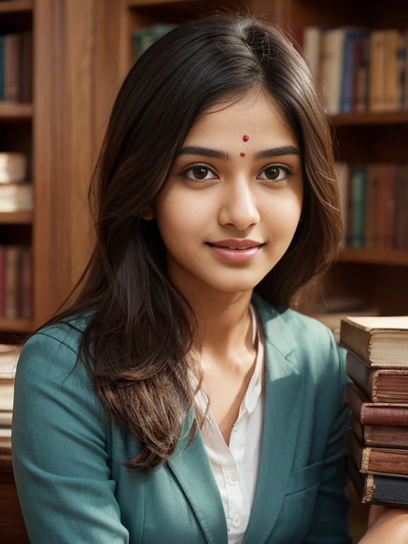 (best quality, ultra-detailed, realistic:1.37), professional, beautiful detailed eyes, beautiful detailed lips, detailed facial features, natural skin tones, perfect skin texture, delicate facial expressions, image in high resolution, realistic face, realistic skin, plain face, natural smile, highly detailed hair, 18yo, (Kiran, beautiful Indian young woman), excels in academic pursuits, dressed in smart and studious attire like a blazer and trousers, surrounded by books and engaged in intellectual activities. The high-resolution image captures ultra-detailed realism, highlighting Kiran's captivating eyes, expressive lips, and graceful facial features. The library or university setting creates a visually stunning representation of Indian dedication to education and the pursuit of knowledge.