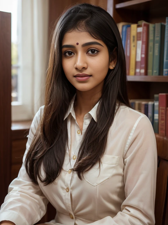 (best quality, ultra-detailed, realistic:1.37), professional, beautiful detailed eyes, beautiful detailed lips, detailed facial features, natural skin tones, perfect skin texture, delicate facial expressions, image in high resolution, realistic face, realistic skin, plain face, natural smile, highly detailed hair, 18yo, (Kiran, beautiful Indian young woman), excels in academic pursuits, dressed in smart and studious attire like a blazer and trousers, surrounded by books and engaged in intellectual activities. The high-resolution image captures ultra-detailed realism, highlighting Kiran's captivating eyes, expressive lips, and graceful facial features. The library or university setting creates a visually stunning representation of Indian dedication to education and the pursuit of knowledge.