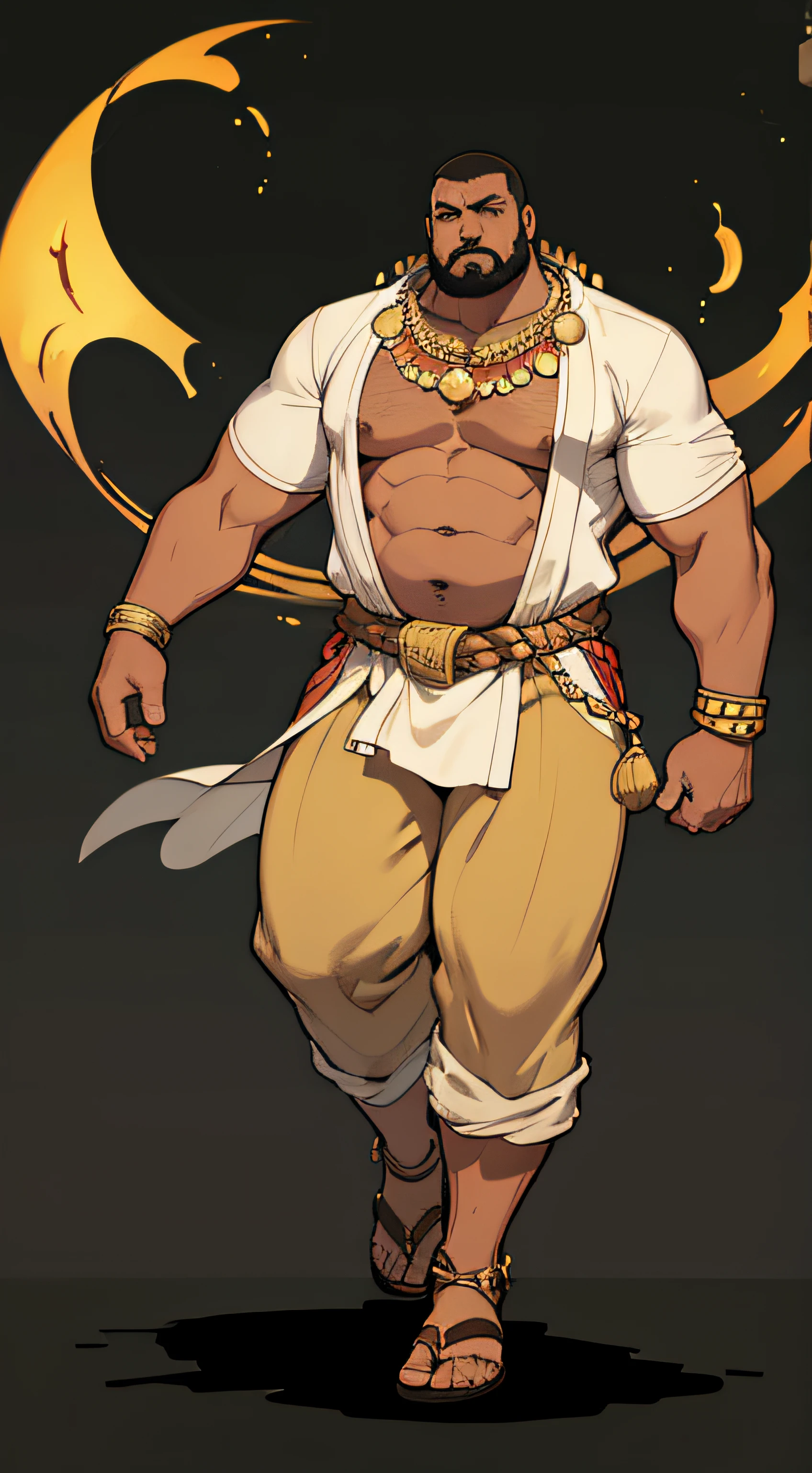 Model Description:
The model is a male elf figure with a lean build (not to muscular) and dark skin tone. His facial features are not fully visible, but his overall silhouette suggests and elegant demeanor.
Outfit Description:
The outfit is a blend of traditional and stylized elements, possibly inspired by ancient Middle Eastern or North African, and Indian cultures. It consists of several pieces:
Top: The model wears a sleeveless vest or tunic with a plunging neckline, revealing his muscular upper body. The vest is adorned with intricate gold detailing, suggesting a high-status or regal position.
Bottom: He wears a pair of loose-fitting, cream parachute-style pants underneath a long, flowing skirt. The skirt is a deep blue color and appears to be draped over the pants, creating a layered effect. The pants provide comfort and mobility while the skirt adds a touch of elegance and formality.
Accessories: The model's waist is cinched with a wide, gold belt, further emphasizing his muscular physique. He also wears a pair of sandals, likely made of leather or cloth.
Overall, the outfit conveys a sense of luxury, and sophistication. The combination of traditional elements and modern styling creates a unique and visually appealing look. The parachute-style pants add a practical and functional element to the outfit, while the draped skirt provides a sense of grandeur and formality.
2d fashion design style of picture. Anime-ish style.