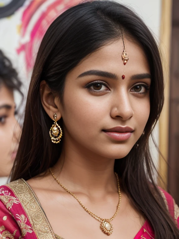 (best quality, ultra-detailed, realistic:1.37), professional, beautiful detailed eyes, beautiful detailed lips, detailed facial features, natural skin tones, perfect skin texture, delicate facial expressions, image in high resolution, realistic face, realistic skin, plain face, natural smile, highly detailed hair, 18yo, (Kiran, beautiful Indian young woman), expresses her artistic side in a creative ensemble, combining a paint-splattered shirt with jeans and carrying paintbrushes. The high-resolution image captures ultra-detailed realism, highlighting Kiran's captivating eyes, expressive lips, and graceful facial features. The vibrant art studio backdrop and colorful artwork create a visually captivating representation of Indian creativity and passion for the arts.