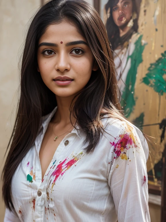 (best quality, ultra-detailed, realistic:1.37), professional, beautiful detailed eyes, beautiful detailed lips, detailed facial features, natural skin tones, perfect skin texture, delicate facial expressions, image in high resolution, realistic face, realistic skin, plain face, natural smile, highly detailed hair, 18yo, (Kiran, beautiful Indian young woman), expresses her artistic side in a creative ensemble, combining a paint-splattered shirt with jeans and carrying paintbrushes. The high-resolution image captures ultra-detailed realism, highlighting Kiran's captivating eyes, expressive lips, and graceful facial features. The vibrant art studio backdrop and colorful artwork create a visually captivating representation of Indian creativity and passion for the arts.