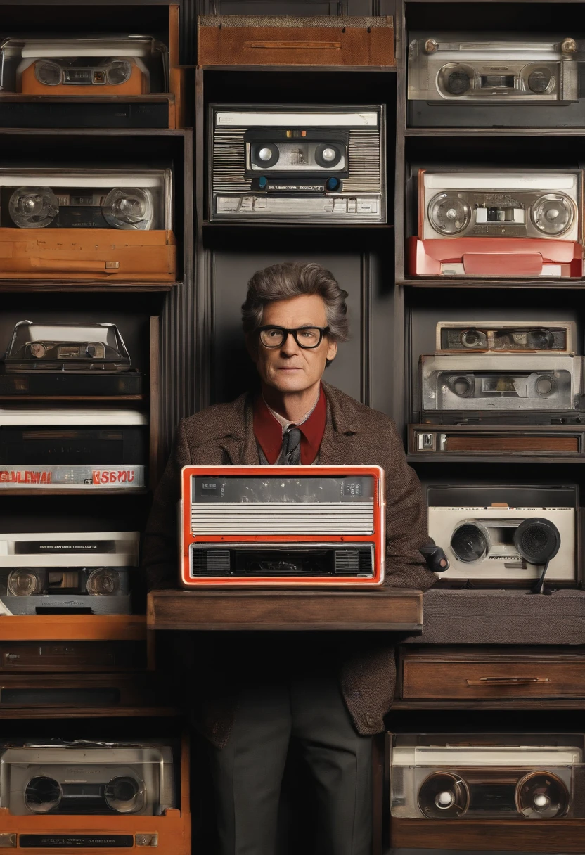 A photo of an old vintage cassette player and a collection of 80s music tapes.,Ready Player One,Appearance-wise, Halliday is often described as having a gangly frame, with messy hair, and typically dressed in a vintage style that echoes his obsession with the past. In his digital avatar form, known as Anorak, he appears as a powerful wizard, embodying the idealized version of himself within the virtual universe he created., male