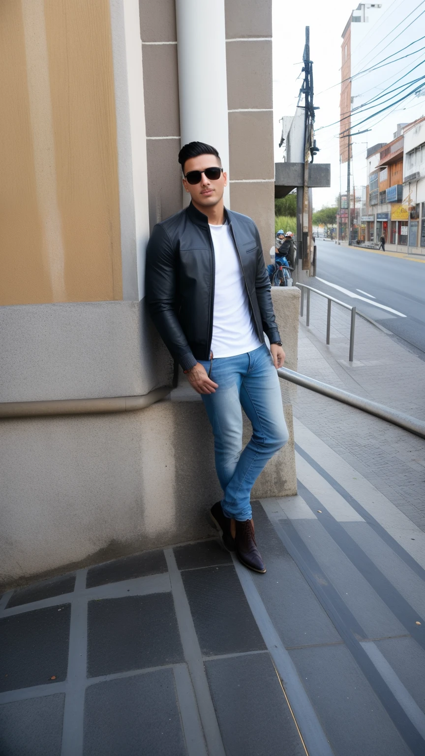 homem arafiado encostado em uma parede em um lance de escadas, jaqueta de couro e jeans, vestindo jaqueta de couro samcrow, na cidade, standing in a city center, andres rios, ástor alexander, standing in a city street, caio santos, standing in street, daniel mirante, Pose casual, No estilo de Kyrill Kotashev, Alejandro